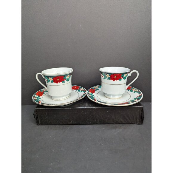 Tienshan Deck The Halls Footed Cup and Saucer Set 6 Oz Lot of 2 - Picture 1 of 10